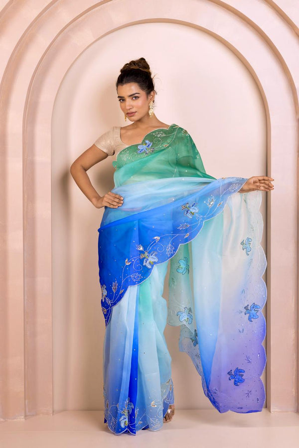 Silk Organza Saree with Hand Block Print and Embroidery