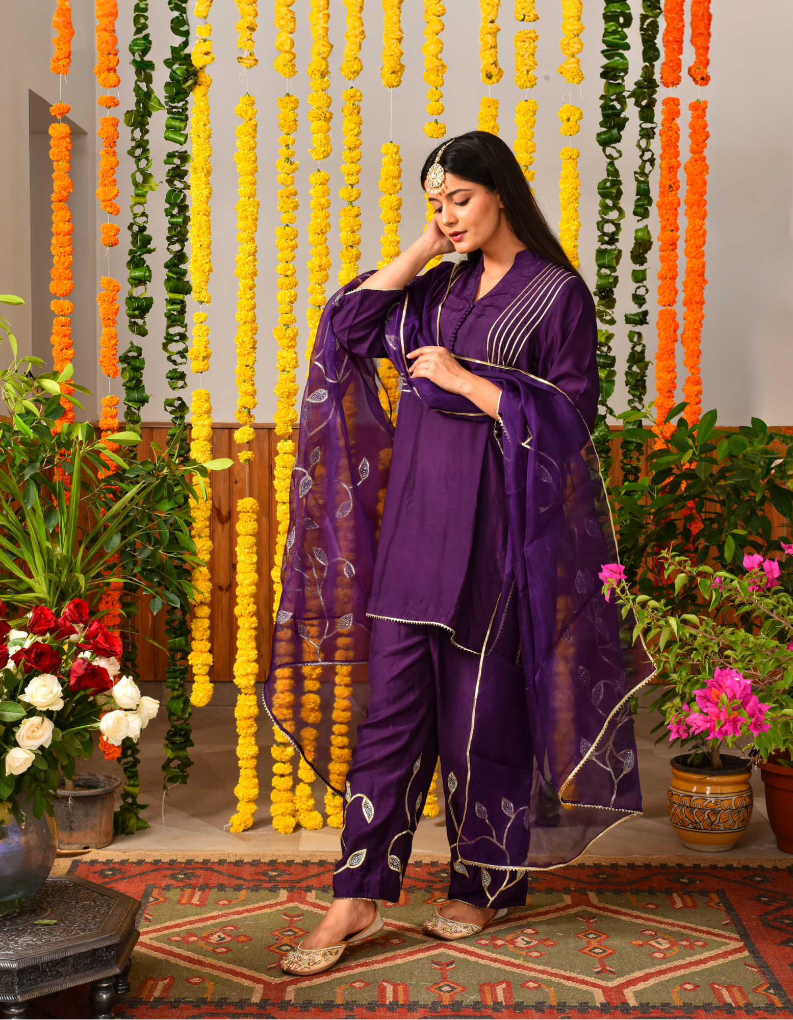 Purple Leaves Short Kurta Set