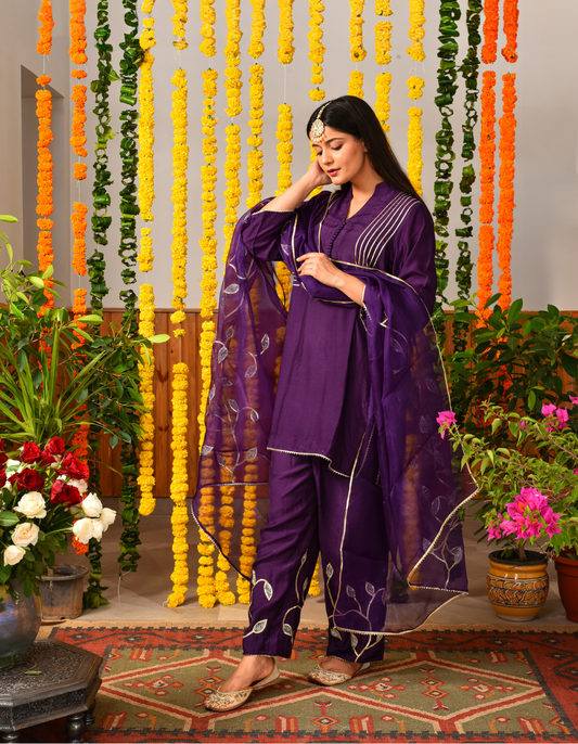 Purple Leaves Short Kurta Set