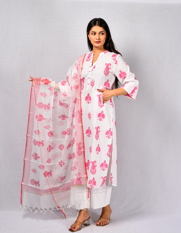 Pink MK Kantha Kurta & Dupatta Set