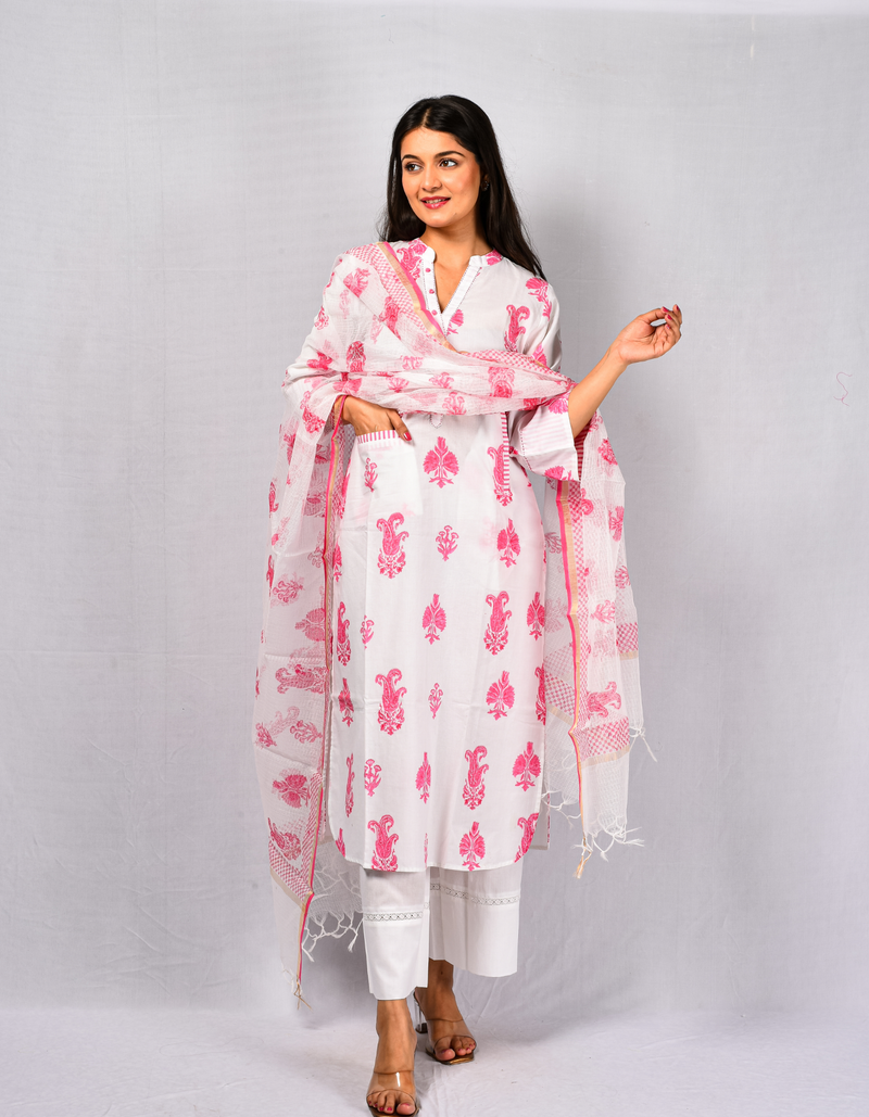 Pink MK Kantha Kurta & Dupatta Set