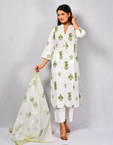 Green MK Kantha Kurta & Dupatta Set