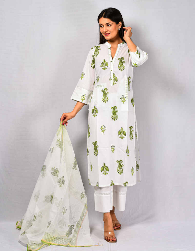 Green MK Kantha Kurta & Dupatta Set