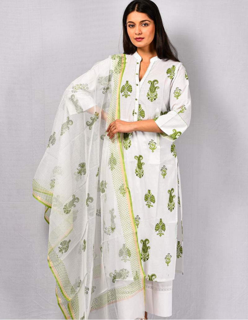 Green MK Kantha Kurta & Dupatta Set