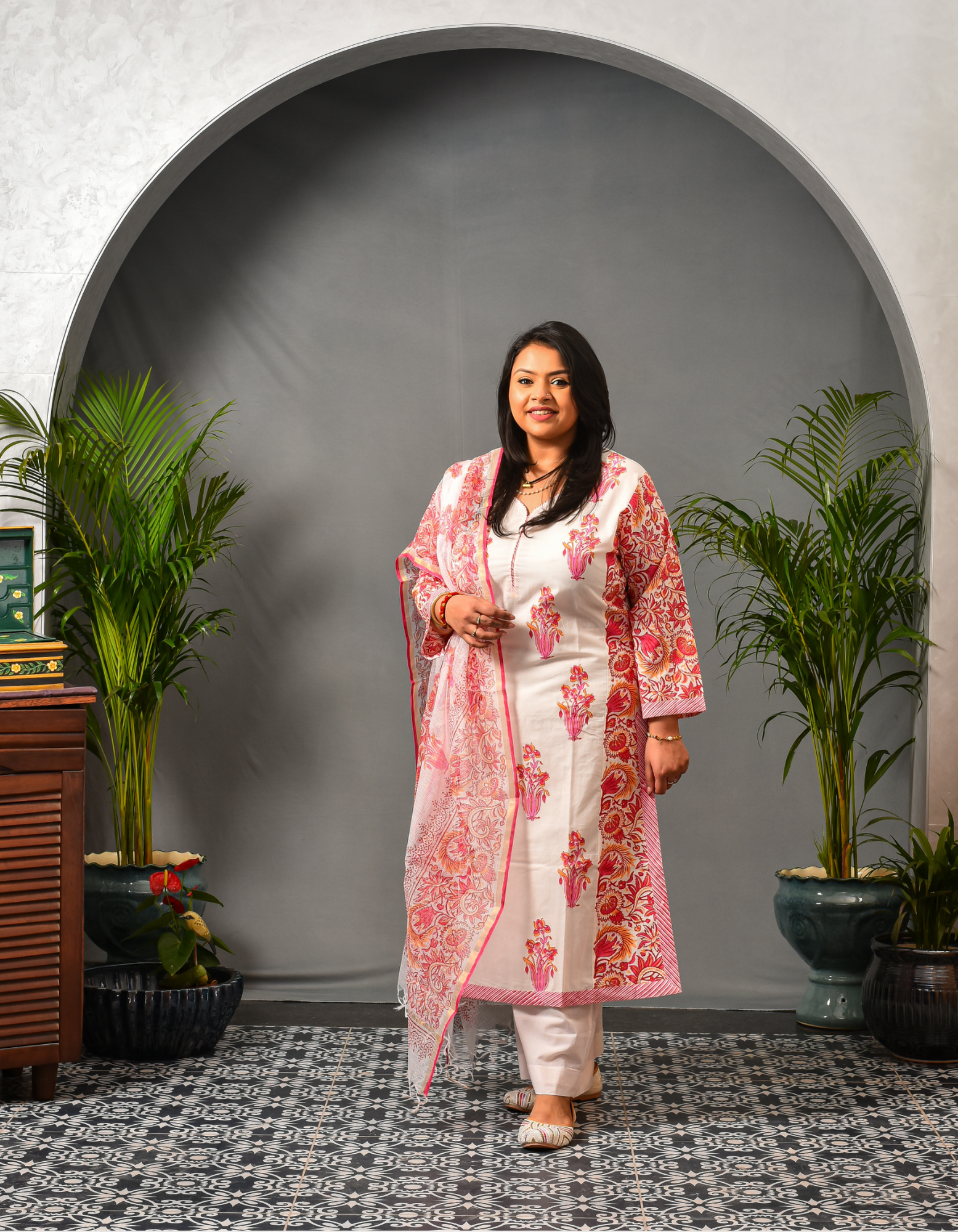 Nayera Peach A-Line Kurta & Dupatta Set