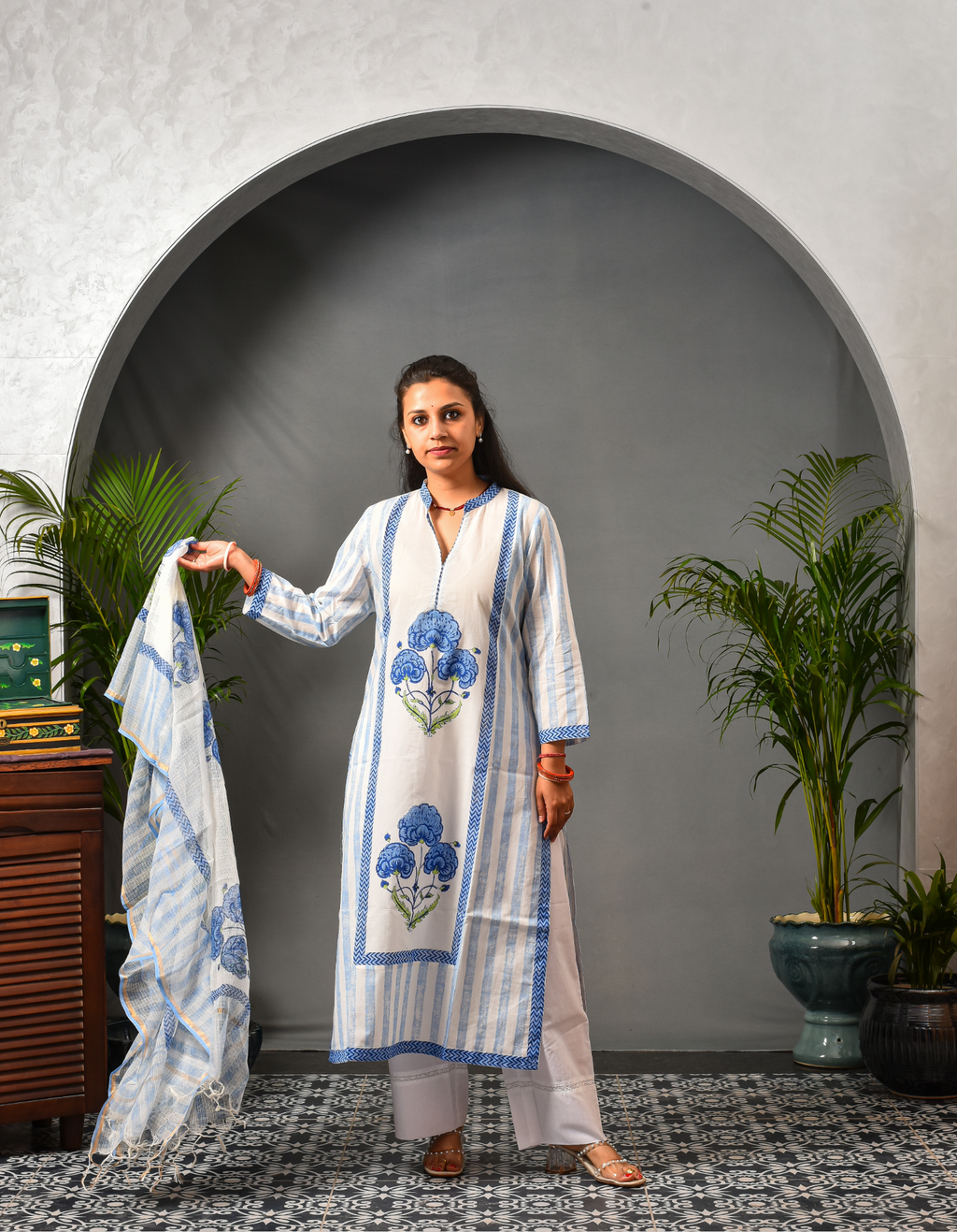 Nayera Blue Straight Kurta & Dupatta Set