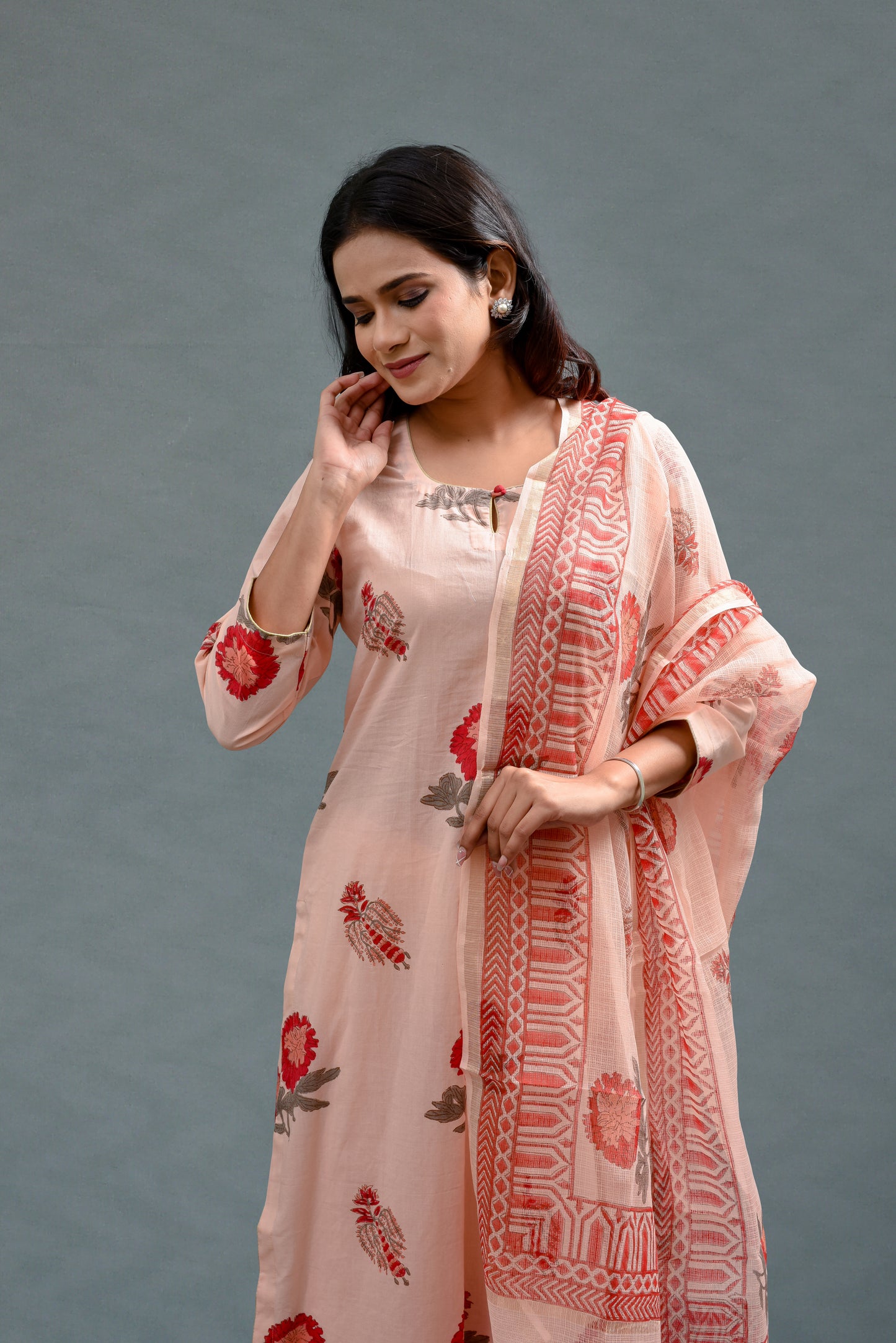 Peach Mrigflower Straight Kurta Full Set Cotton