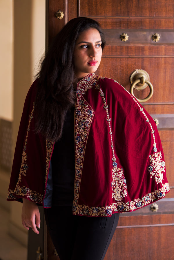 Cape Embroidery in Maroon by Jaykirti